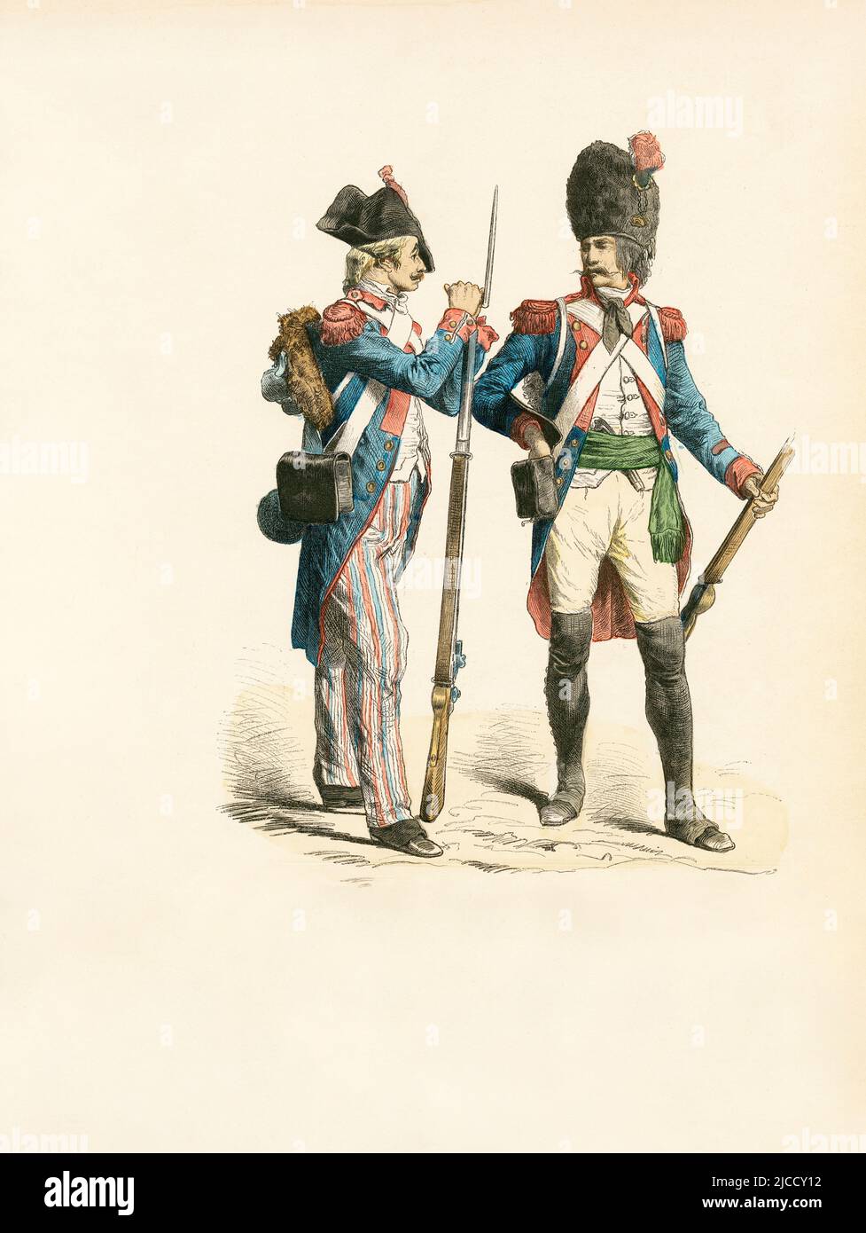 Infantryman (1799), Grenadier (1795), French Republic, Illustration, The History of Costume, Braun & Schneider, Munich, Germany, 1861-1880 Stock Photo