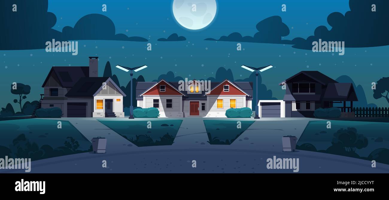 Suburban night street. Cartoon neighborhood country houses with lawn bushes and trees at night. Vector late evening town landscape Stock Vector