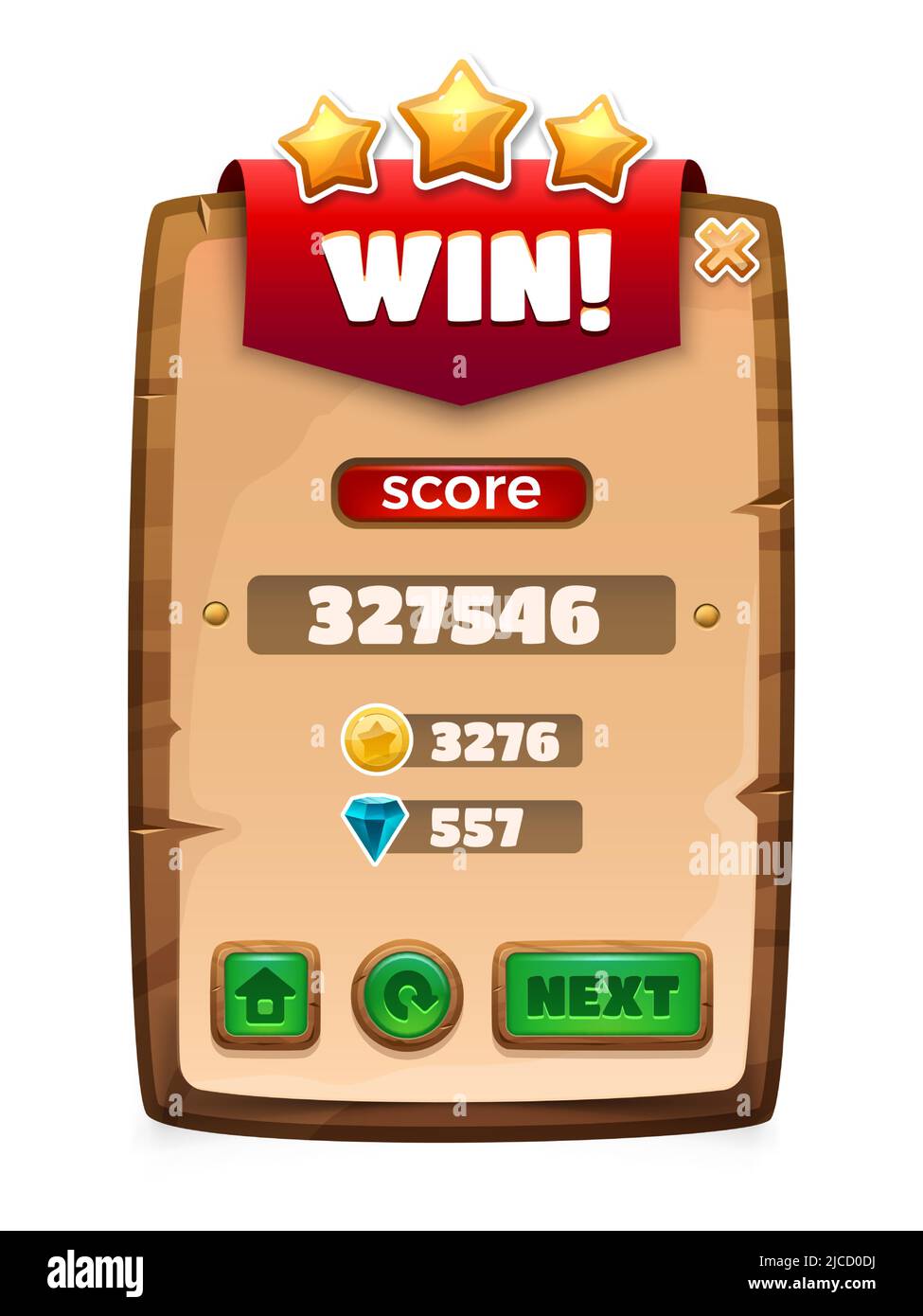 You win game banner. Cartoon level complete interface panel with score table and award icons. Vector game background illustration with GUI menu Stock Vector