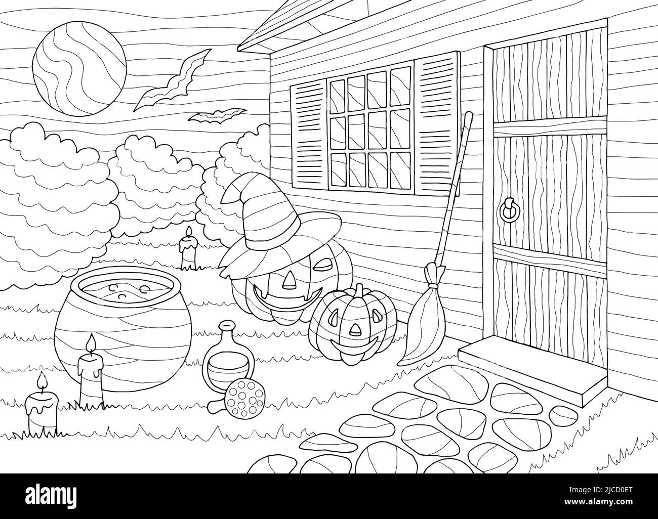 Halloween coloring graphic black white sketch illustration vector Stock Vector