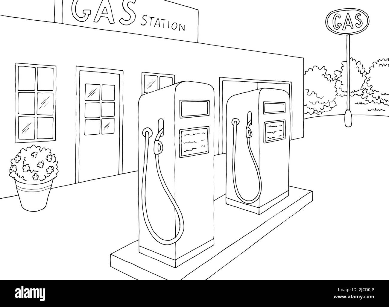 Old gas station exterior graphic black white sketch illustration vector Stock Vector