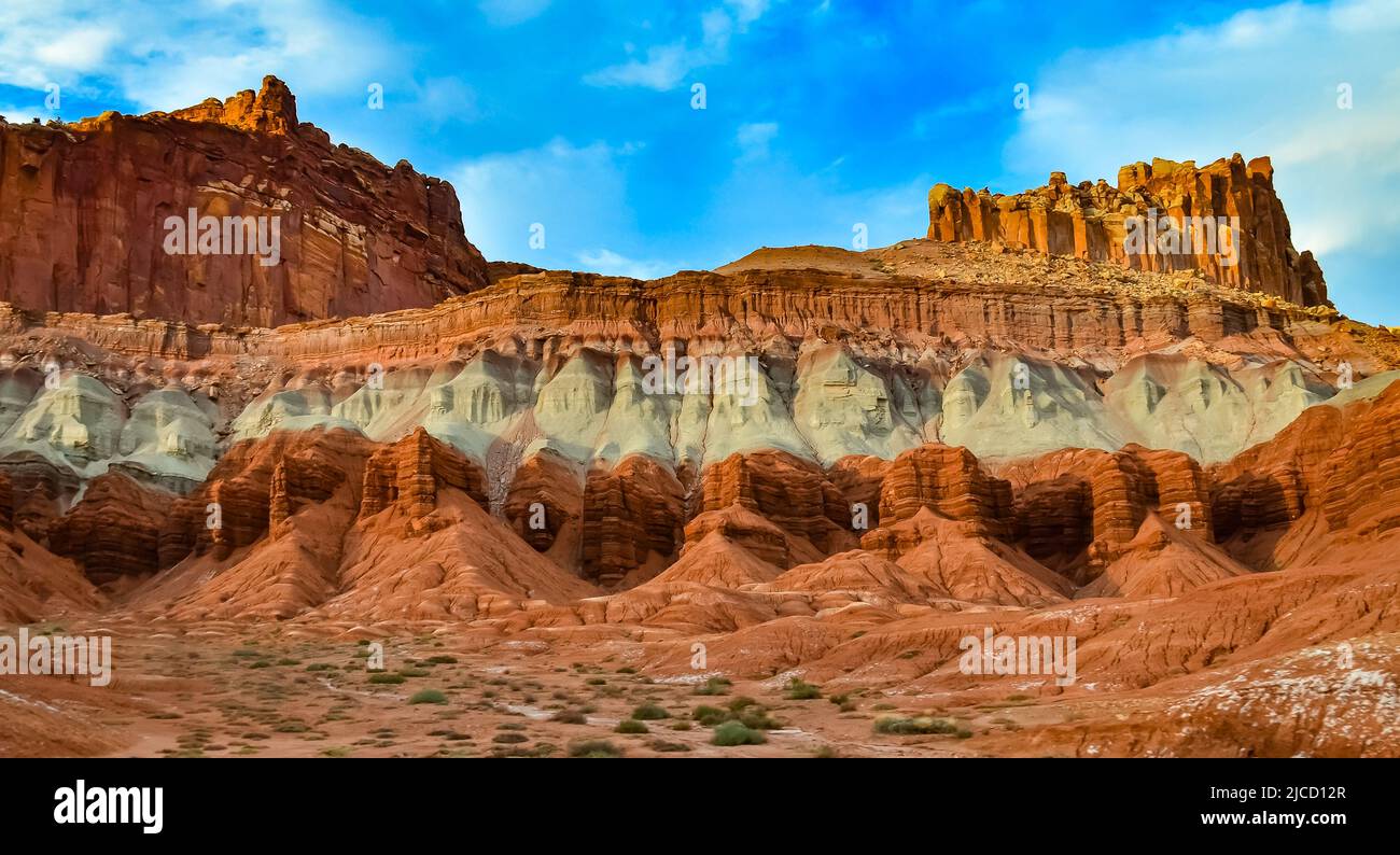 Layered geological formations of red rocks in Canyonlands National Park ...