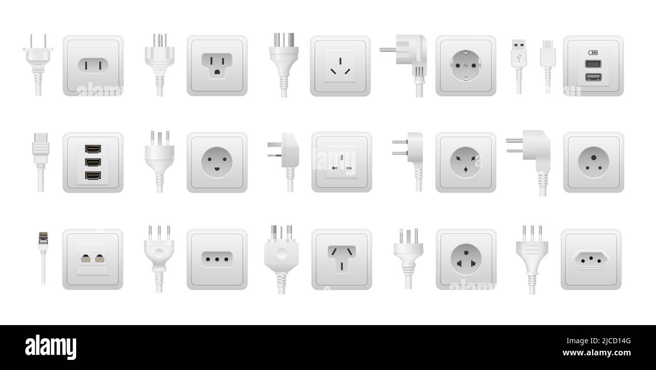 Realistic socket and plug. AC power connector, American and European types of electric equipment. Vector multiple standards socket and plug isolated Stock Vector