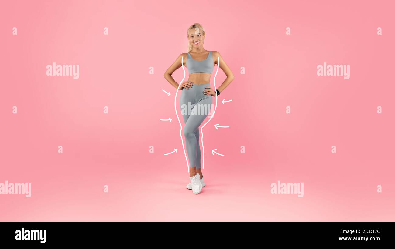 Young blonde lady in sports outfit showing attractive body on pink background, colage with weight loss lines and arrows Stock Photo