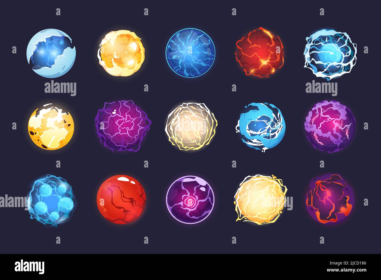 Cartoon energy spheres. Magic fantasy orb asset for 2D game, witchcraft prophesy globe and crystal sphere with shiny sparks sprite collection. Vector Stock Vector