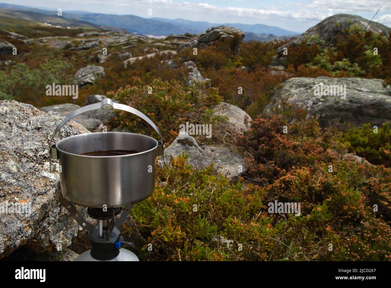 Camping gas stove in the mountain Stock Photo Alamy