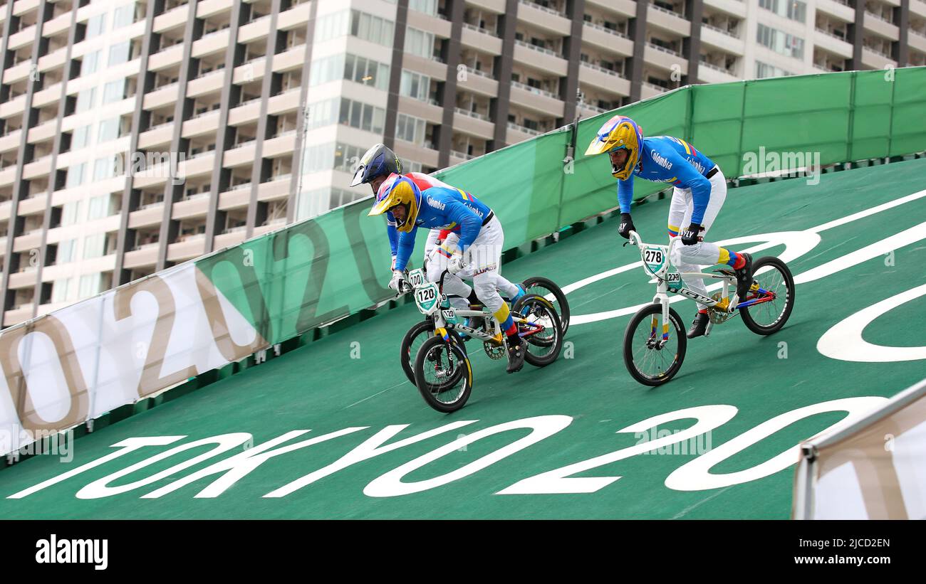 JULY 30th, 2021 - TOKYO, JAPAN: Romain Mahieu of France (100), VIncent Peluard of Colombia (120) and Carlos Alberto Ramirez Yepes of Colombia (278) in Stock Photo