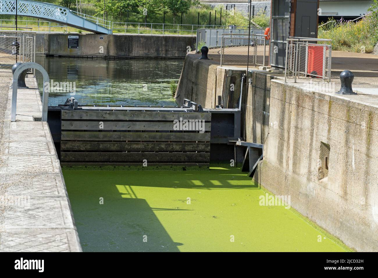 Canal lock gates on the River Lea in the Queen Elizabeth Olympic Park, Stratford. London Stock Photo