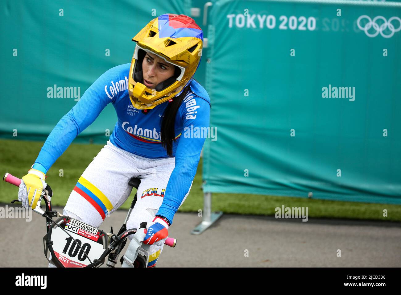 JULY 30th, 2021 - TOKYO, JAPAN: Mariana Pajon of Colombia (100) in action during the Cycling BMX Racing semifinals at the Tokyo 2020 Olympic Games (Ph Stock Photo