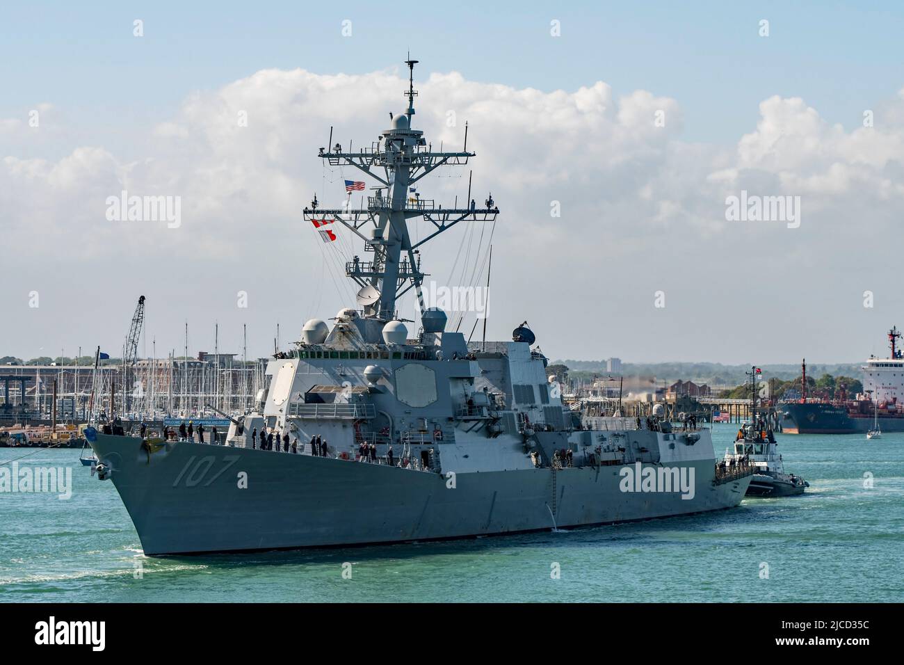 The US Navy Arleigh Burke class destroyer USS Gravely (DDG 107) made a brief logistics stop at Portsmouth, UK on the 11th June 2022 for food and fuel. Stock Photo