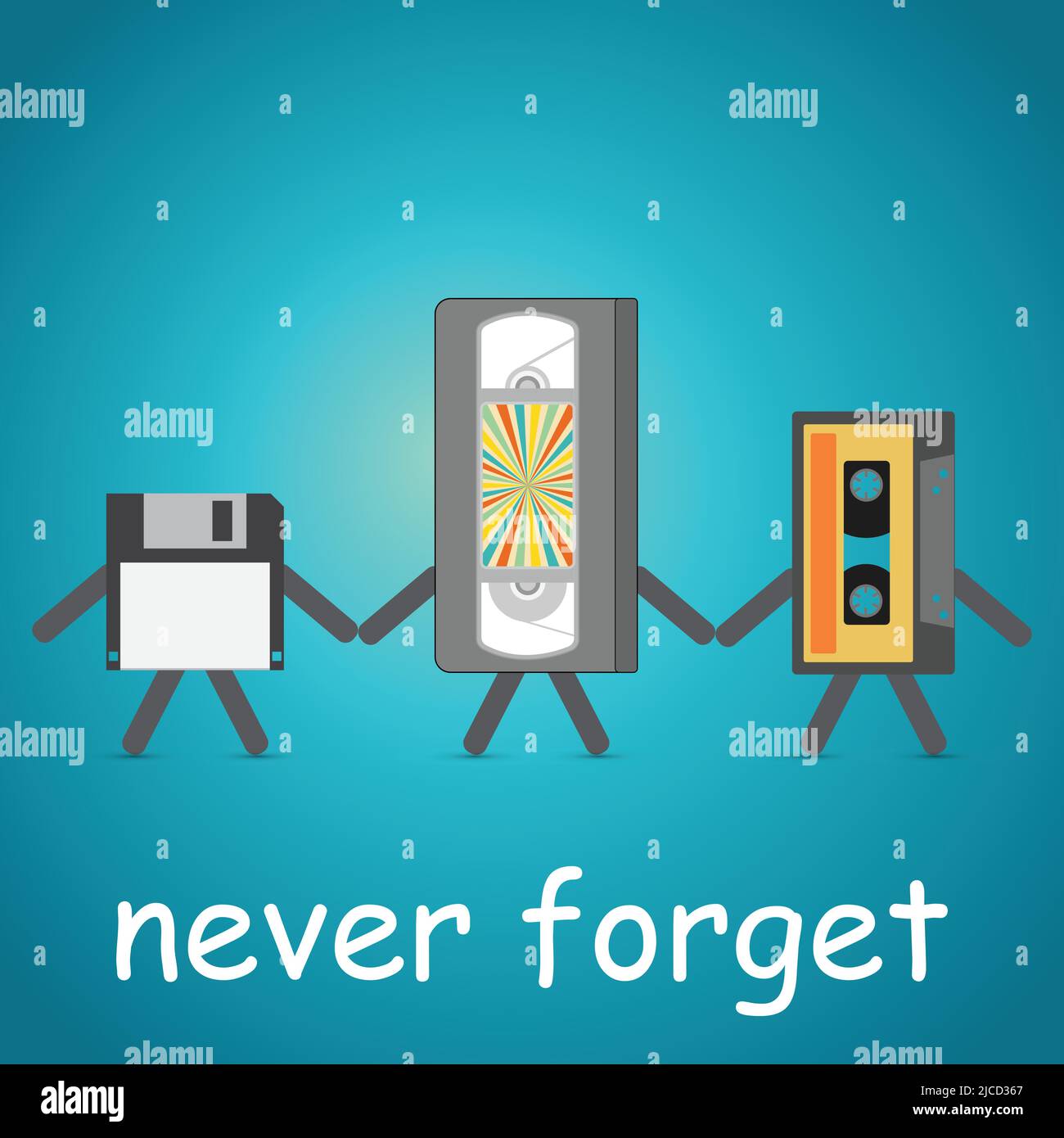 Video and audio cassette and floppy disk holding hands with the text