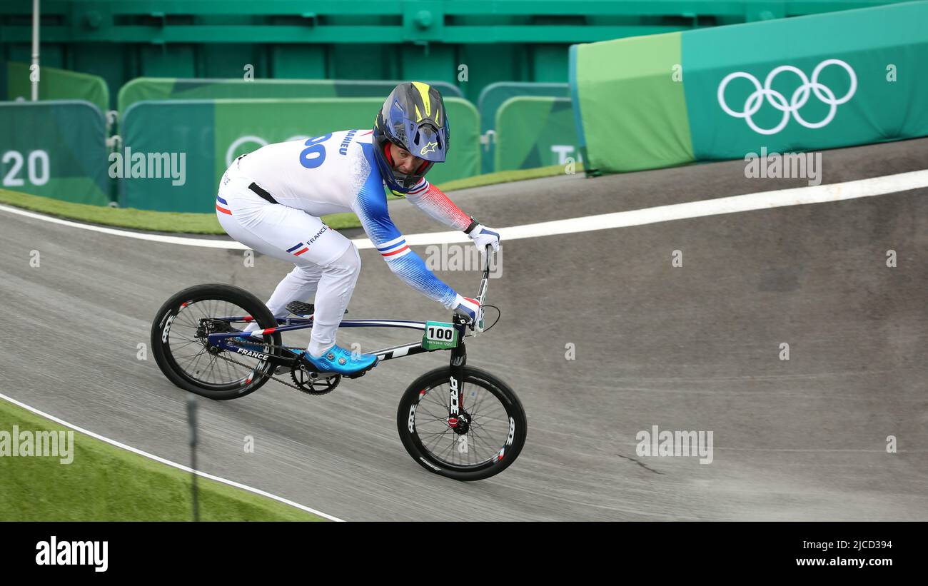 JULY 30th, 2021 - TOKYO, JAPAN: Romain Mahieu of France (100) in action during the Cycling BMX Racing semifinals at the Tokyo 2020 Olympic Games (Phot Stock Photo