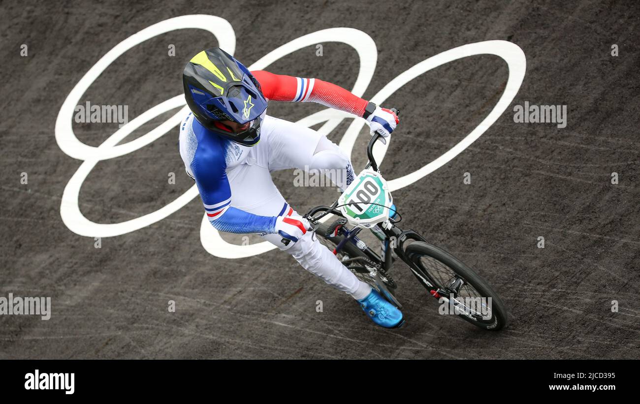 JULY 30th, 2021 - TOKYO, JAPAN: Romain Mahieu of France (100) in action during the Cycling BMX Racing semifinals at the Tokyo 2020 Olympic Games (Phot Stock Photo