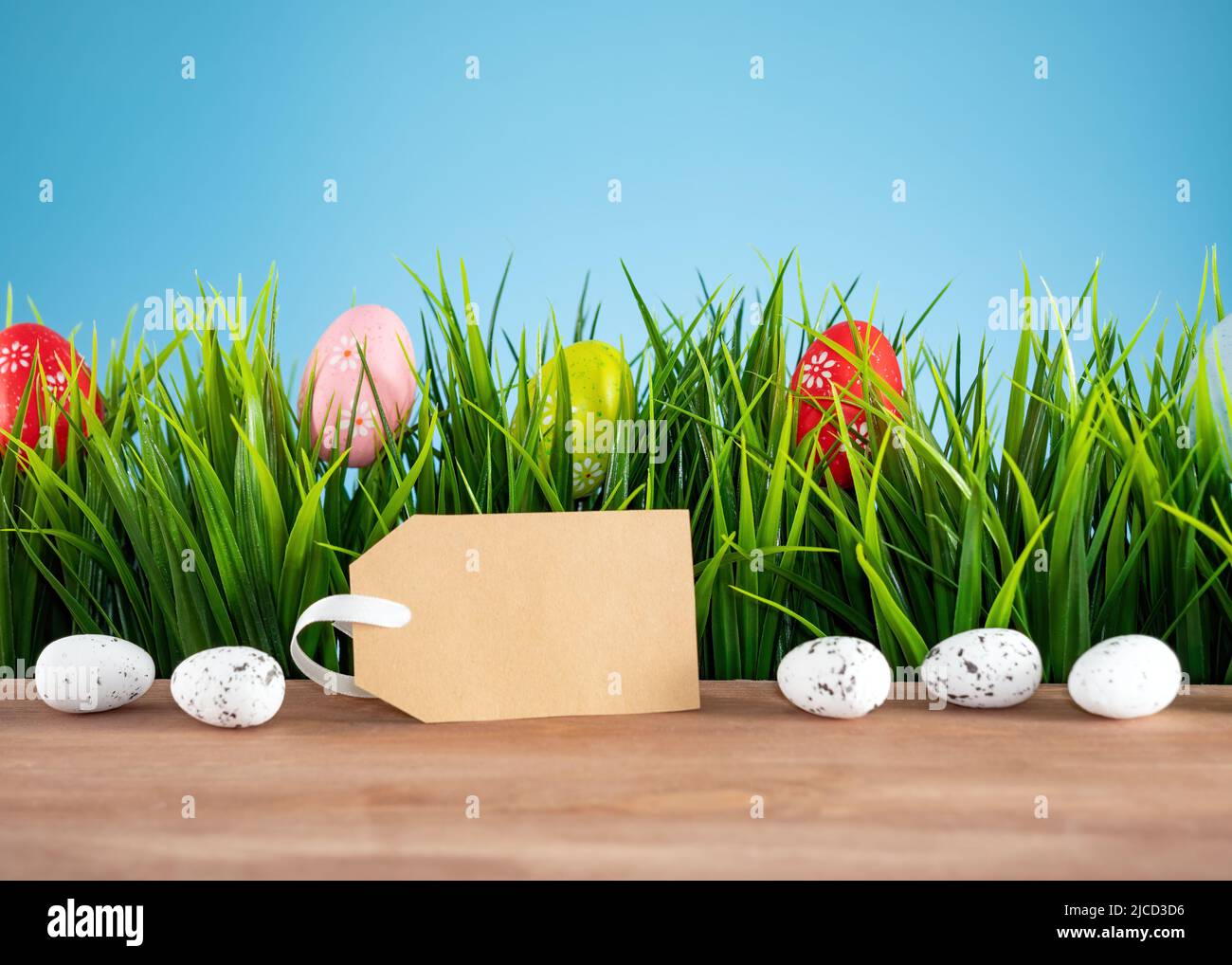 Easter background with colorful eggs, green grass and tag Stock Photo