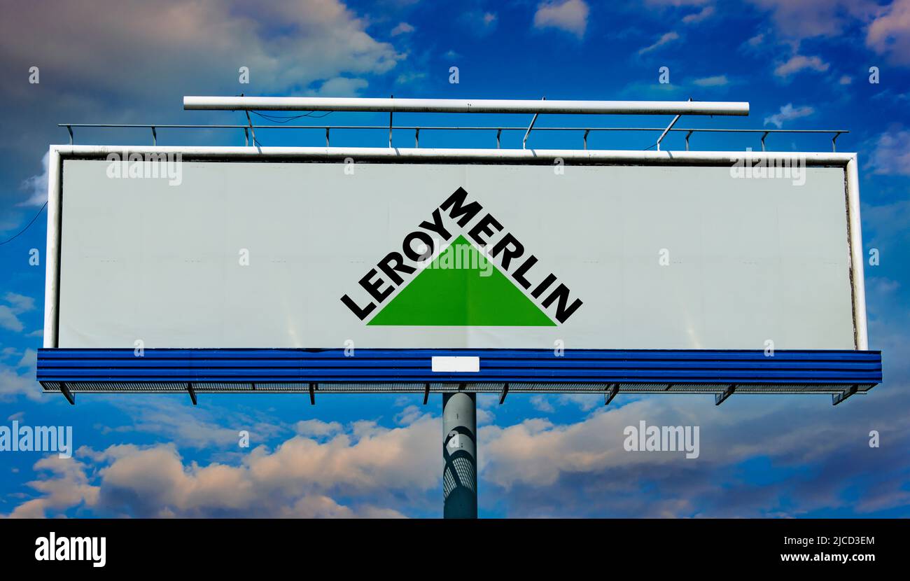 POZNAN, POL - MAY 1, 2022: Advertisement billboard displaying logo of Leroy Merlin, a home improvement and gardening retailer Stock Photo