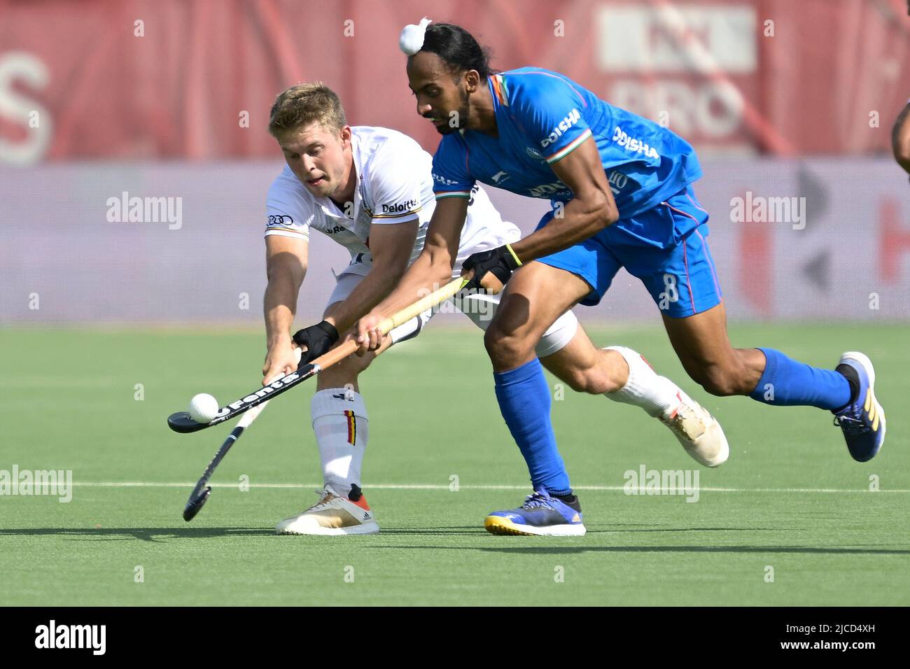 Belgium's Victor Wegnez and India's Hardik Singh fight for the ball during a hockey match between the Belgian Red Lions and India in the group stage (game 14 out of 16) of the Men's FIH Pro League competition, Sunday 12 June 2022 in Wilrijk, Antwerp. BELGA PHOTO JOHAN EYCKENS Stock Photo