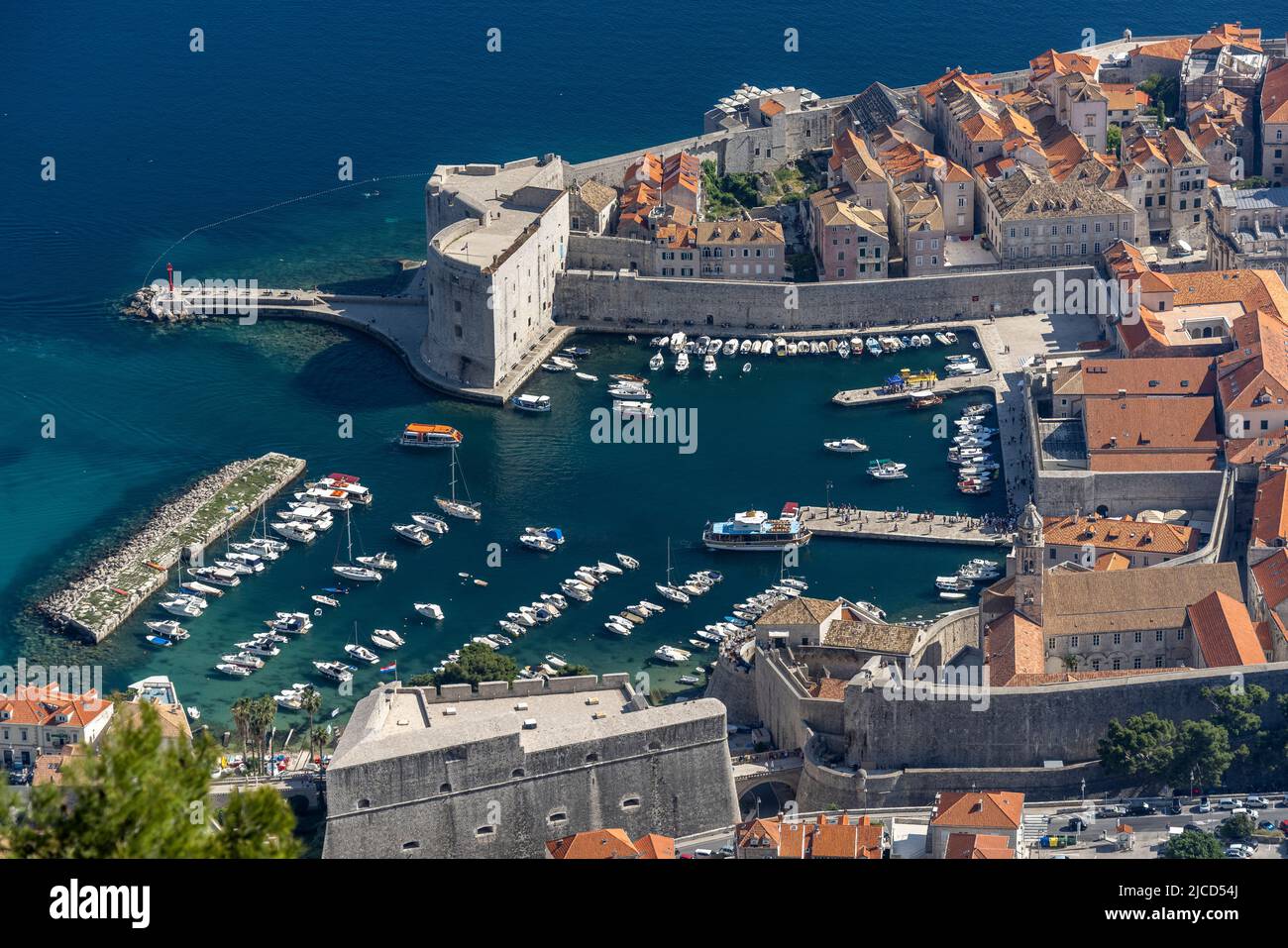 View of Harbor of Old Town from Srd Cable Car Viewpoint, Dubrovnik, Croatia Stock Photo