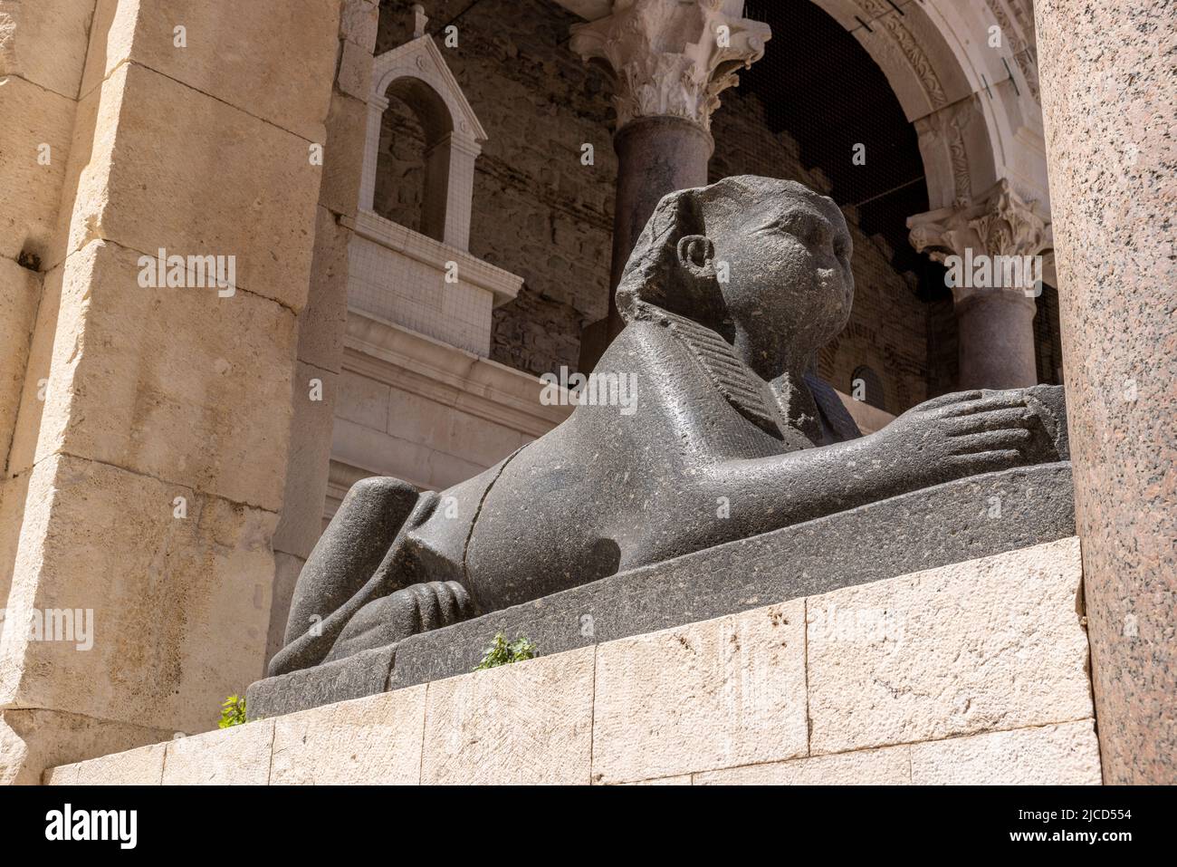 Egyptian Basalt Sphinx in Roman Peristyle of Diocletian's Palace, Split, Croatia Stock Photo