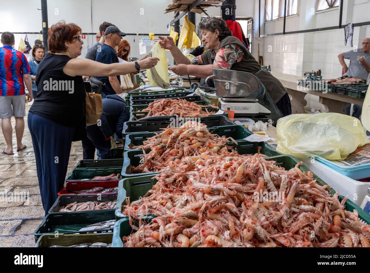 Shrimp Vendor, Fish Market, Split, Croatia Stock Photo