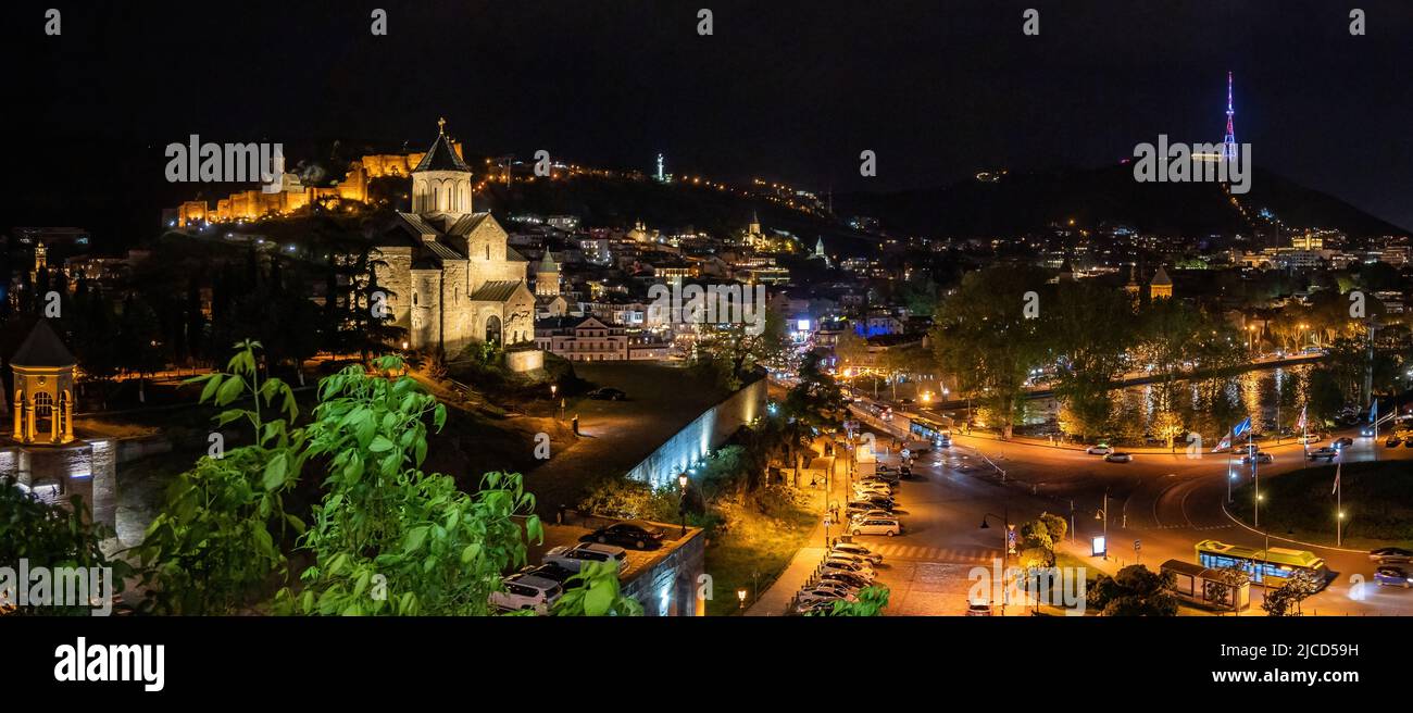 Panoramic view of Tbilisi city center at night, Republic of Georgia. Stock Photo