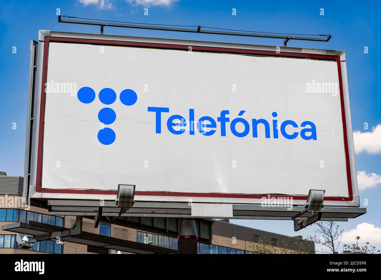 POZNAN, POL - MAY 1, 2022: Advertisement billboard displaying logo of Telefonica, a Spanish multinational telecommunications company headquartered in Stock Photo