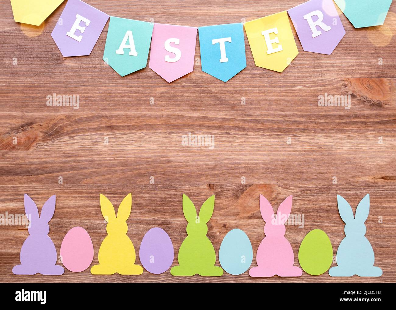 Easter background with eggs, rabbits and flags Stock Photo