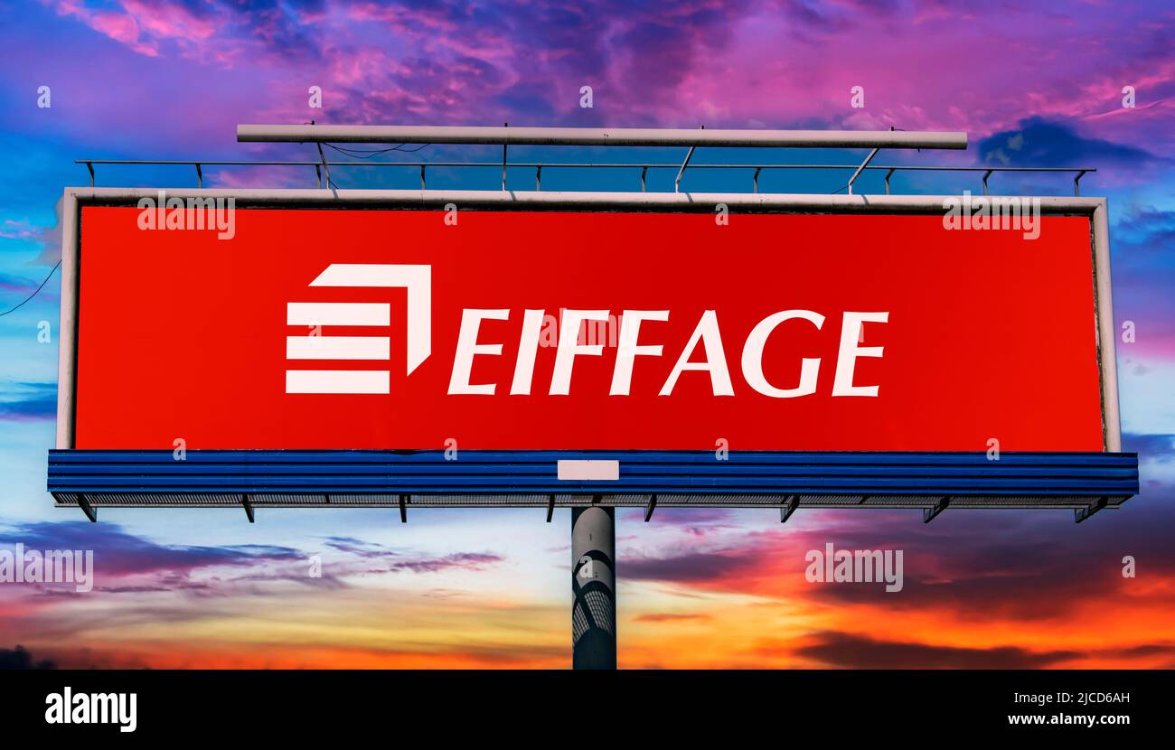 POZNAN, POL - MAY 1, 2022: Advertisement billboard displaying logo of Eiffage, a French civil engineering construction company Stock Photo