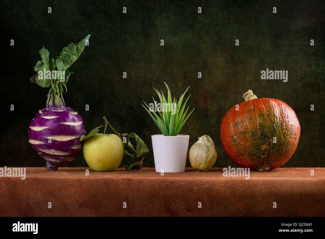 Still life with kohlrabi cabbage, apple, cactus, physalis and pumpkin Stock Photo