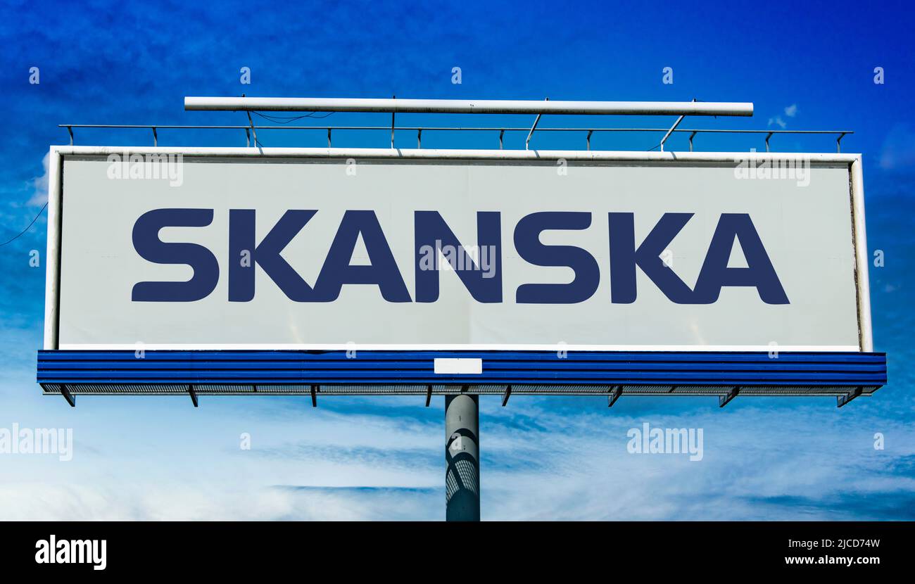 POZNAN, POL - MAY 1, 2022: Advertisement billboard displaying logo of Skanska AB, a multinational construction and development company based in Sweden Stock Photo