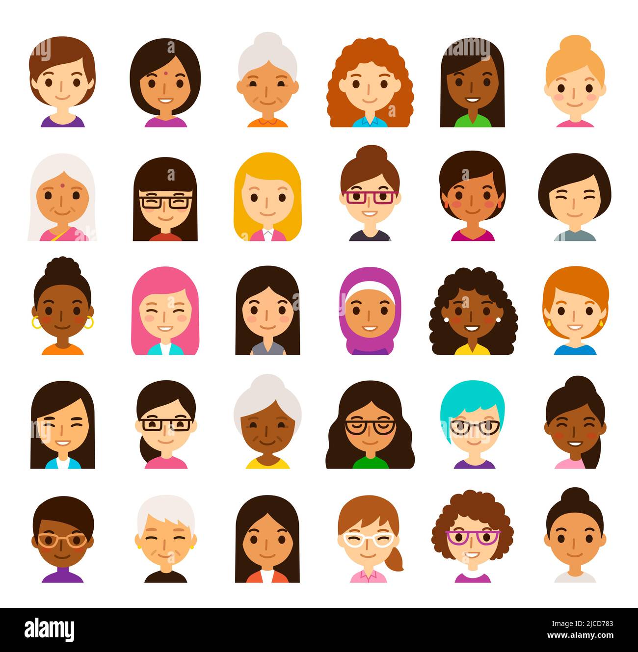 Set of 30 diverse cartoon female avatars. Women of different ethnicities, ages, skin and hair color. Cute and simple flat vector style, isolated on wh Stock Vector