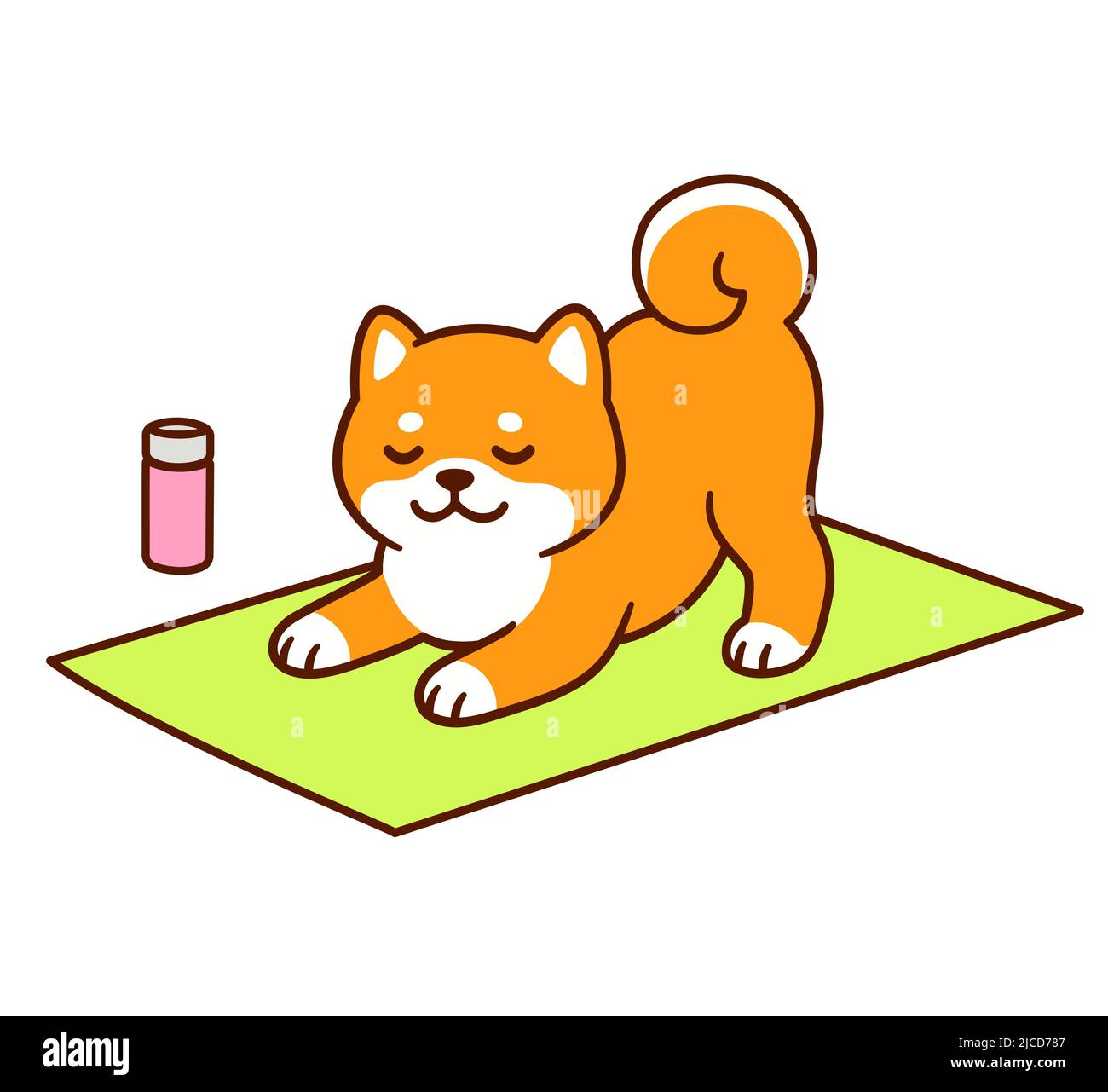 Cartoon Shiba Inu doing Downward Facing Dog yoga pose. Kawaii yoga dog drawing, simple and cute vector clip art illustration. Stock Vector