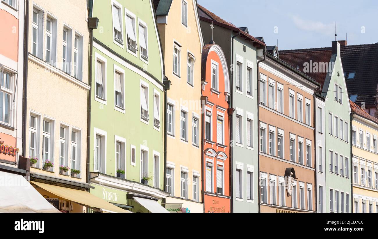 Landshut, Germany - Aug 13, 2021: Colorful facades in the old town of Landshut. Stock Photo