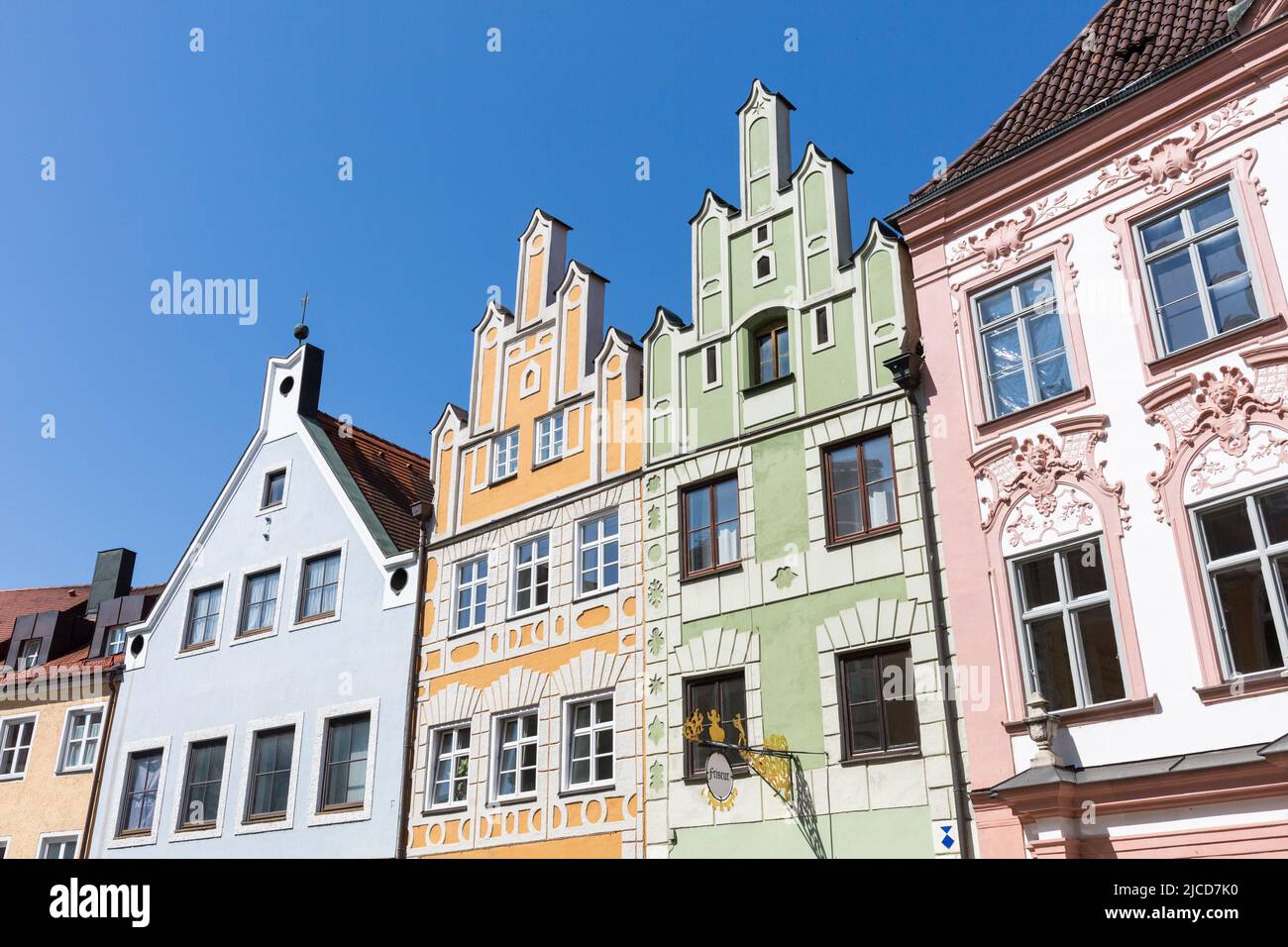 Landshut, Germany - Aug 14, 2021: Facades of historical houses in the old town of Landshut (Ländgasse). Stock Photo