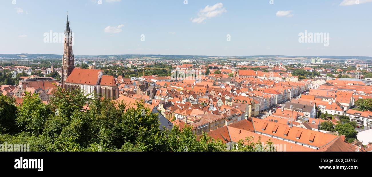 Landshut, Germany - Aug 14, 2021: Panorama of the old town of Landshut with basilica St. Martin on the left. Stock Photo