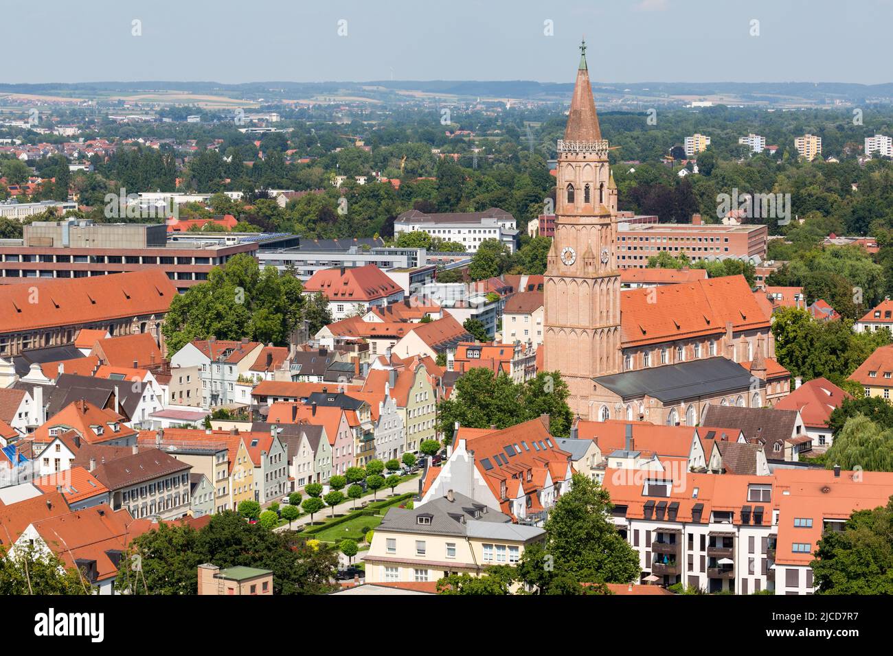 Landshut, Germany - Aug 14, 2021: High angle view on church St. Jodok. Stock Photo