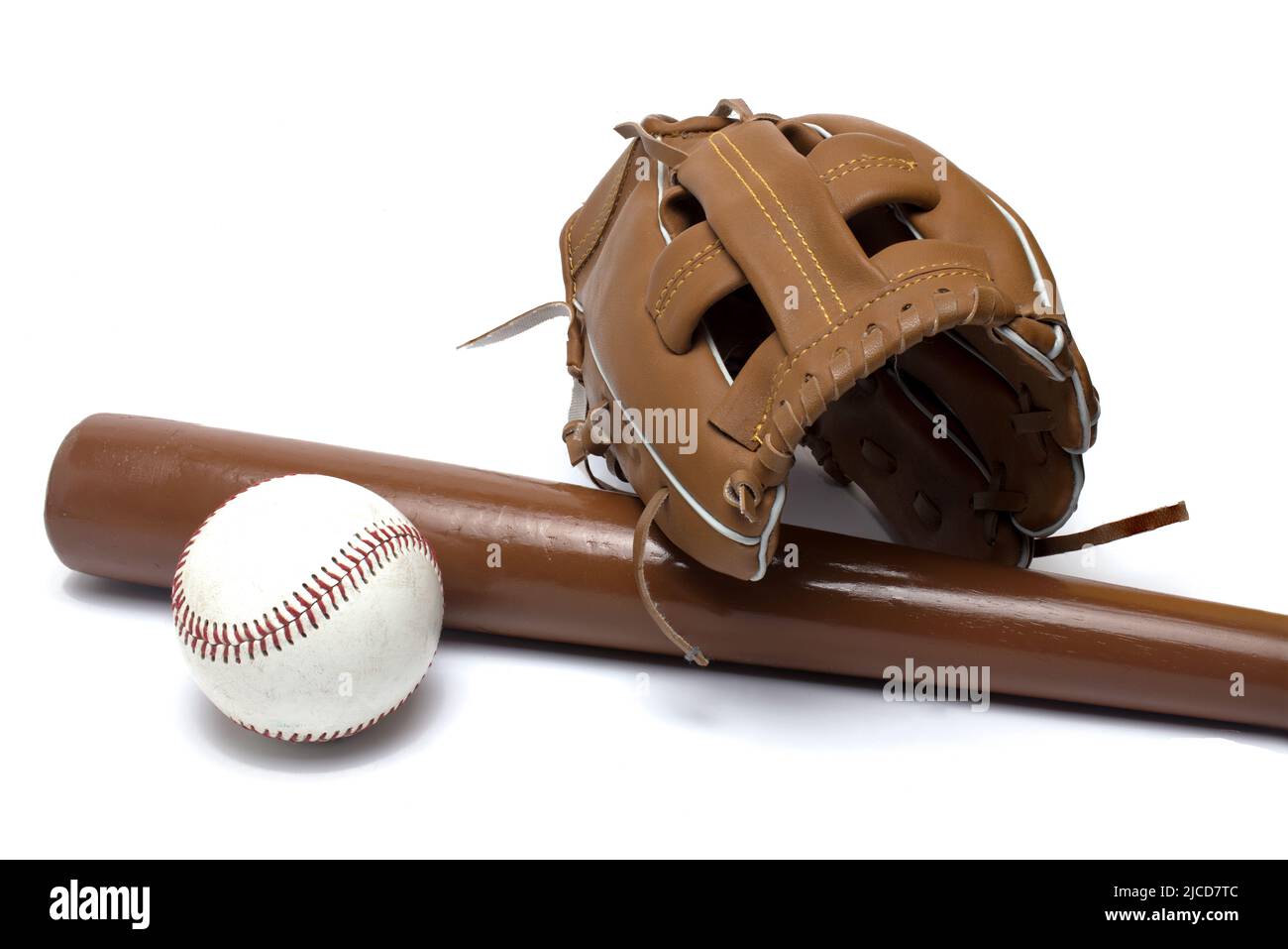 Close up baseball equipment with brown leather glove ball with red