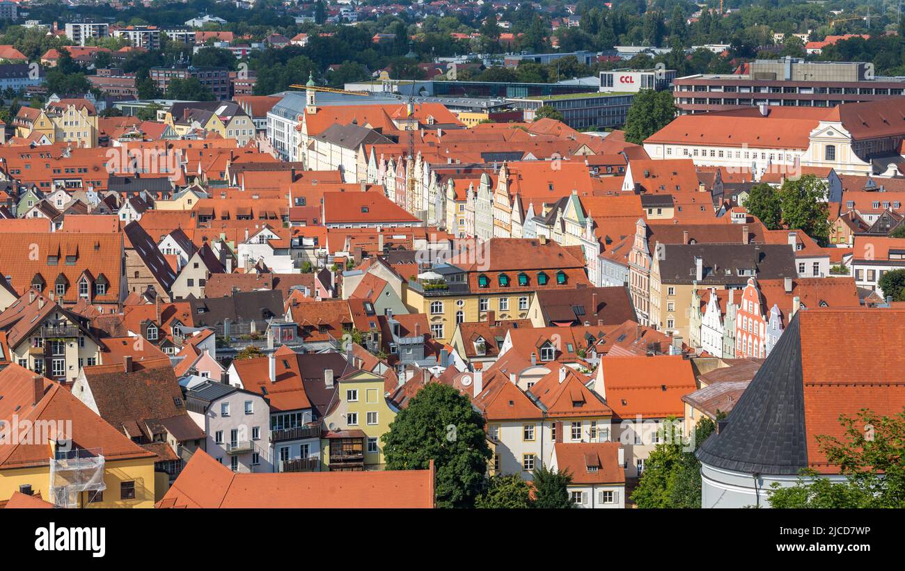 Landshut, Germany - Aug 14, 2021: High angle view of the city of Landshut - the road with the colorful, historical buildings is called Neustadt. Stock Photo