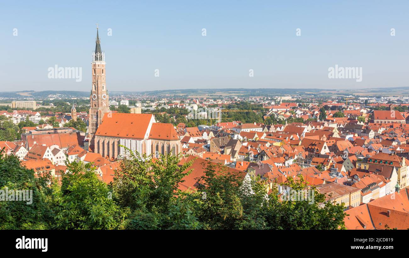 Landshut, Germany - Aug 15, 2021: Panorama of the city of Landshut with church St. Martin. Stock Photo