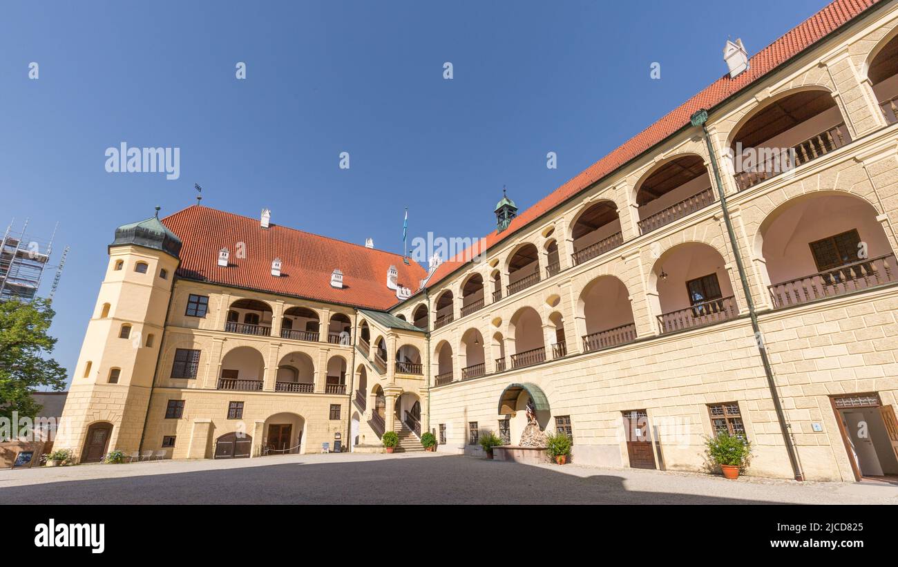Landshut, Germany - Aug 15, 2021: Panorama with inner courtyard of Trausnitz castle. Stock Photo
