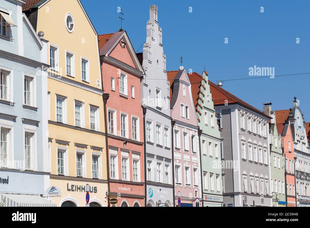 Landshut, Germany - Aug 15, 2021: A closer view on the historical facades of Landhut's old town. Stock Photo