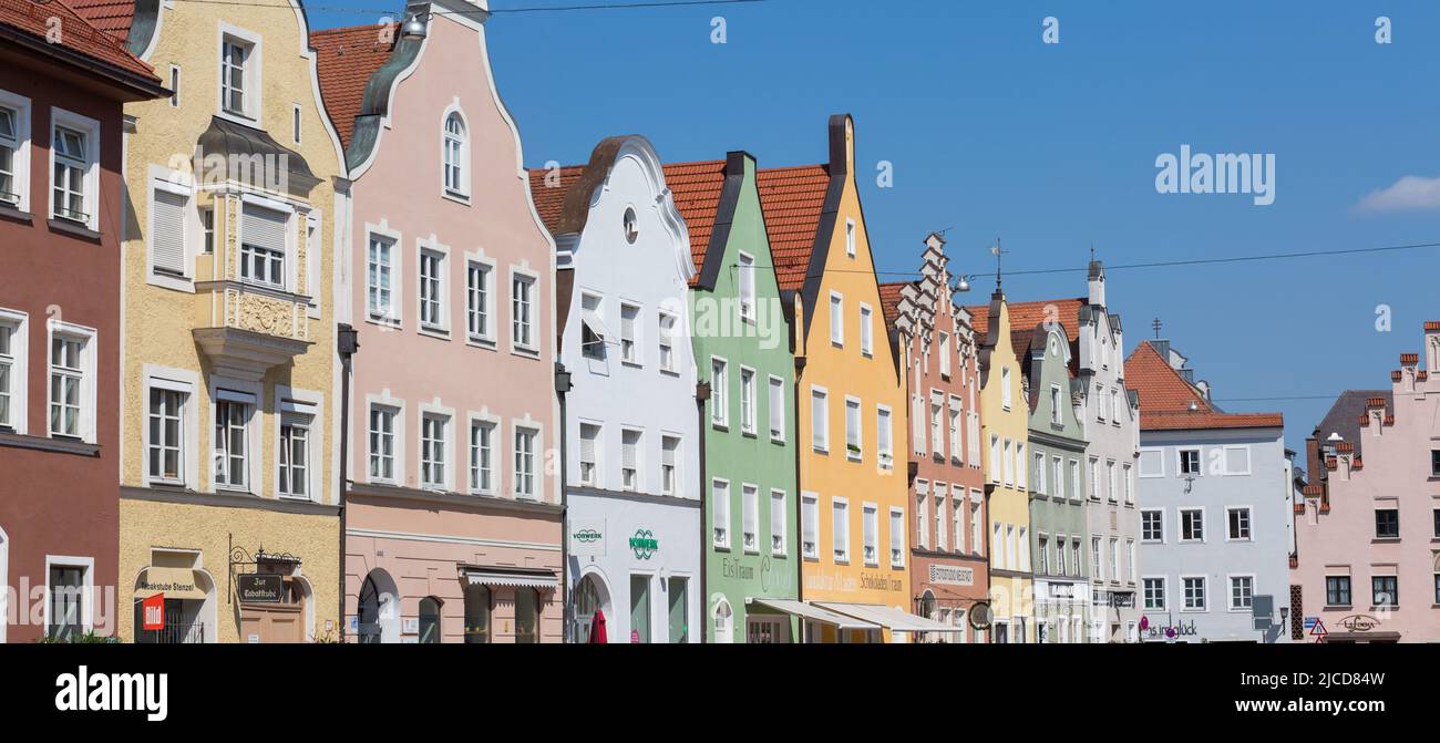 Landshut, Germany - Aug 15, 2021: Colorful facades of medieval houses in the old town of Landshut. Panorma format. Stock Photo