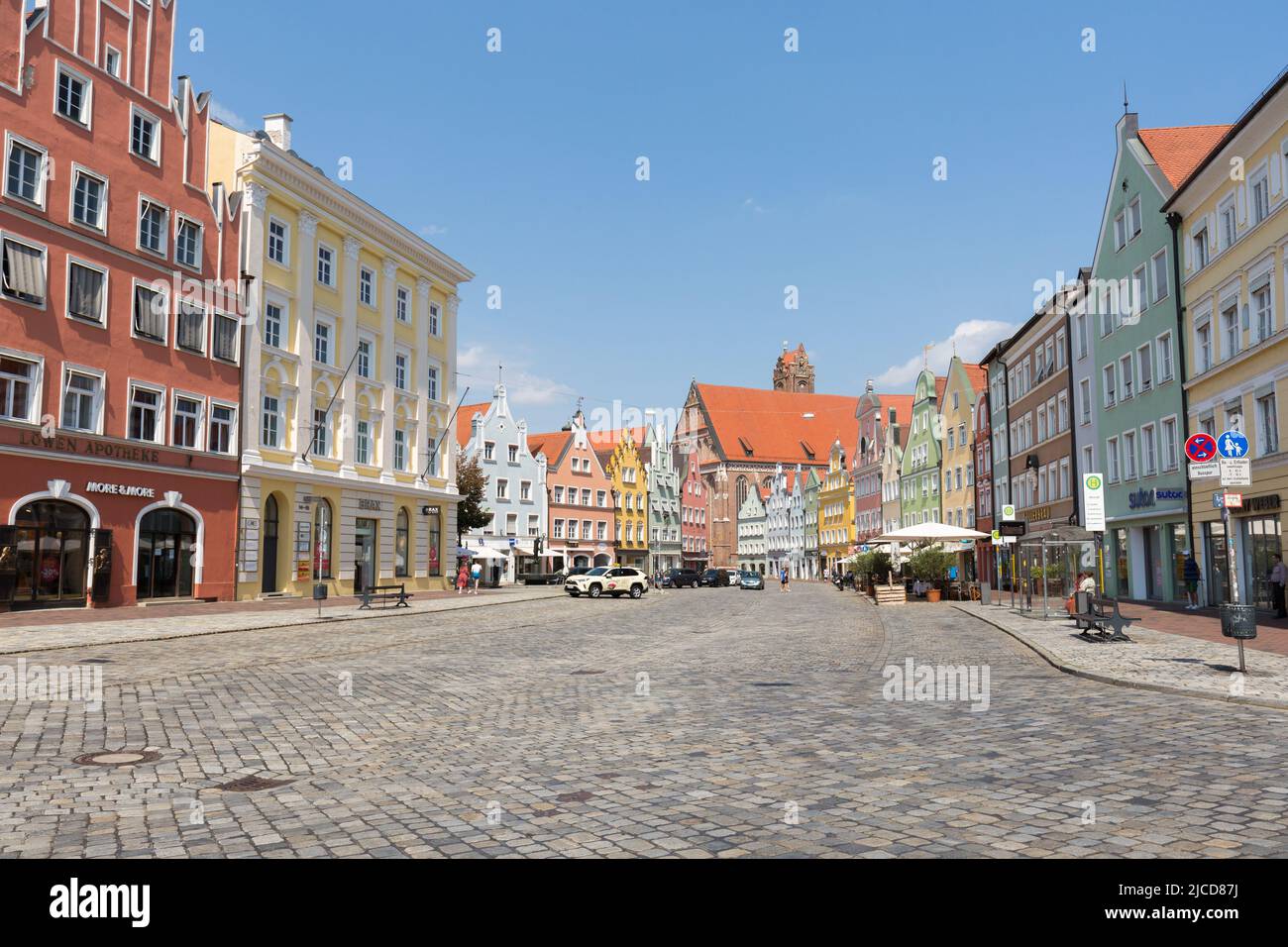 Landshut, Germany - Aug 15, 2021: View along the 'Altstadt' (old town) of Landshut. With historical houses. Stock Photo