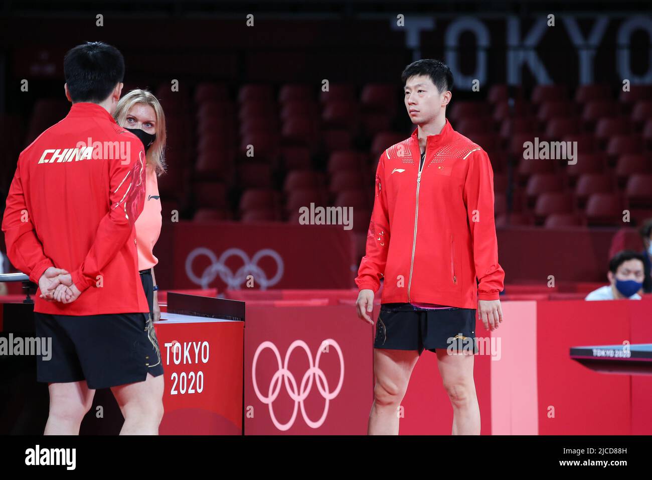 JULY 30th, 2021 - TOKYO, JAPAN: Fan Zhendong and Ma Long of China during the Table Tennis Men's Singles Gold Medal Match at the Tokyo 2020 Olympic Gam Stock Photo