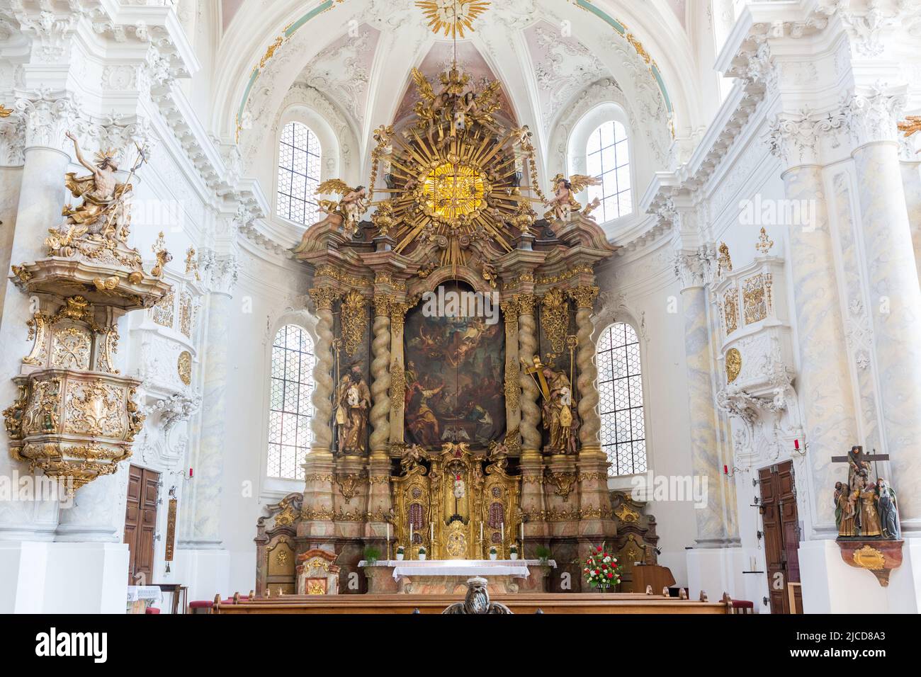 Landshut, Germany - Aug 15, 2021: View on the altar of the Abteikirche (abbey church) Seligenthal. Rococo style architecture. Stock Photo