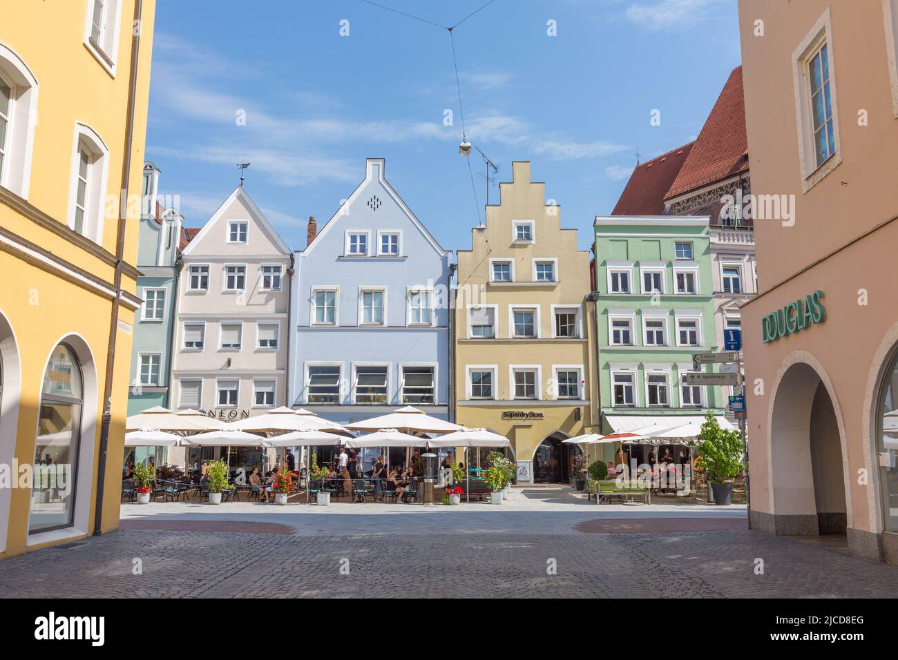 Landshut, Germany - Aug 15, 2021: Impressions from the old town (Altstadt) of Landshut. Colorful medieval house facades. Stock Photo