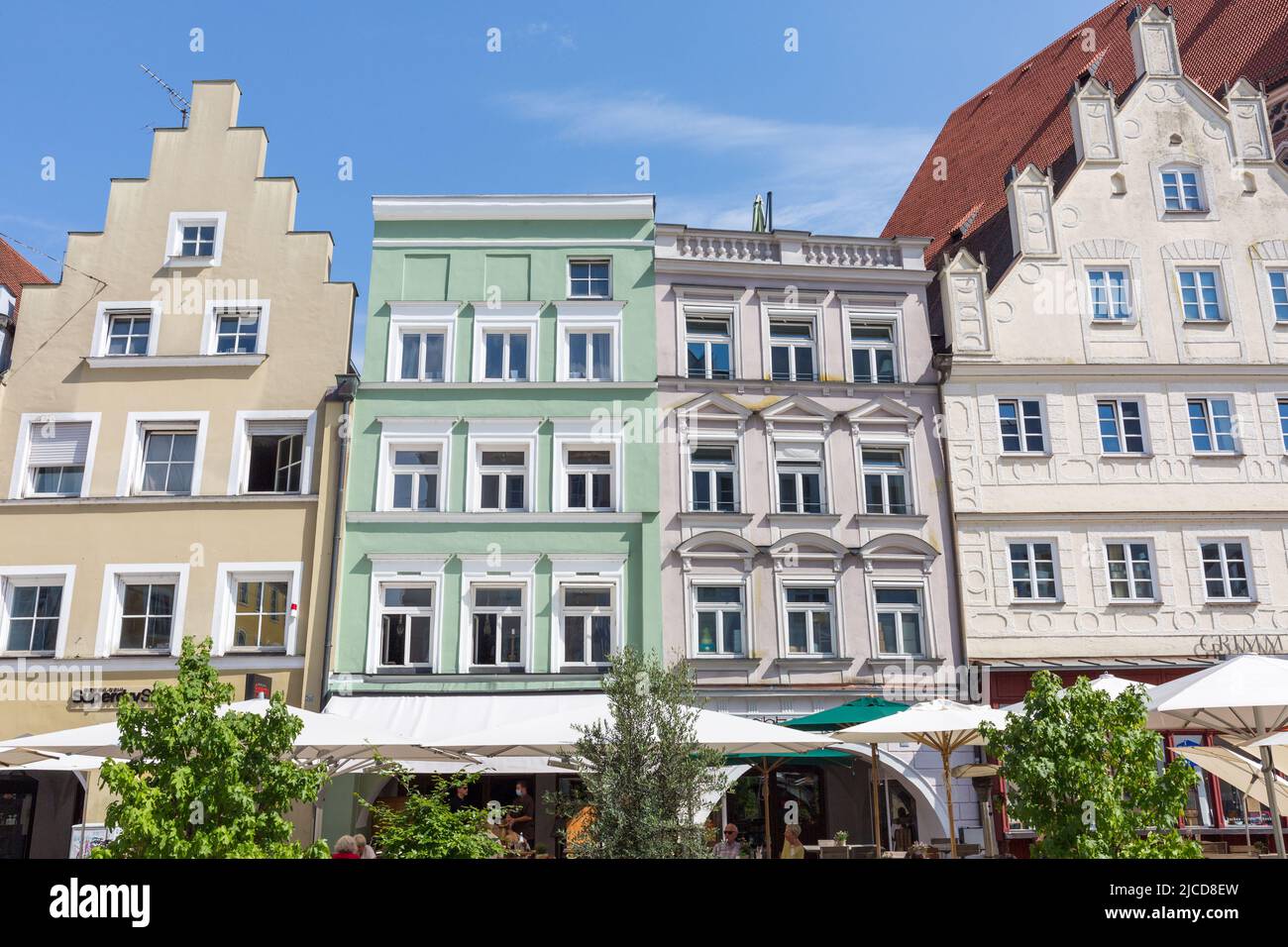Landshut, Germany - Aug 15, 2021: Historical houses in the old town of Landshut. Stock Photo