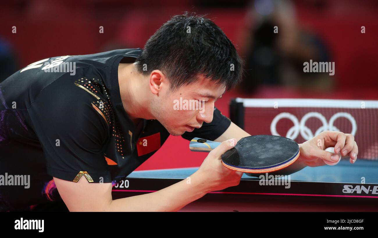 JULY 30th, 2021 - TOKYO, JAPAN: Ma Long of China in action during the Table Tennis Men's Singles Gold Medal Match at the Tokyo 2020 Olympic Games (Pho Stock Photo