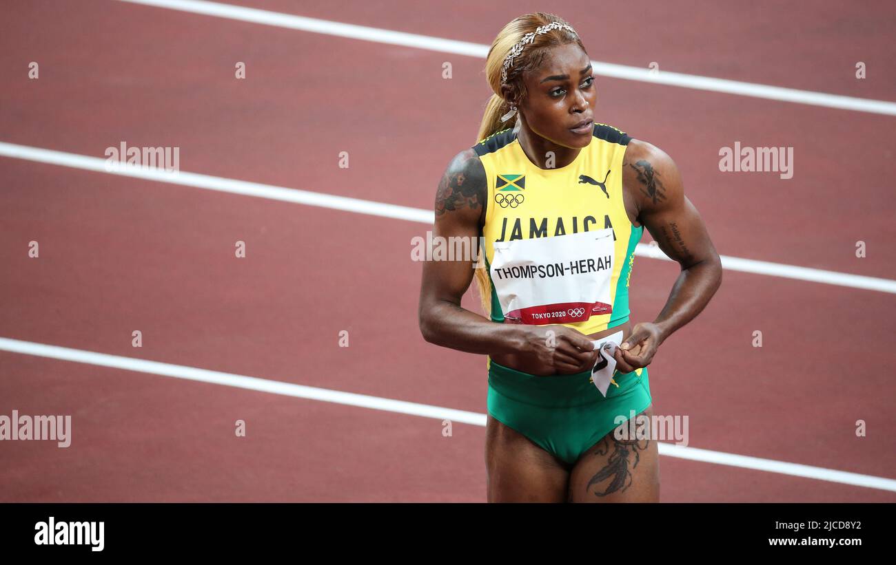 JULY 31st, 2021 - TOKYO, JAPAN: Elaine Thompson-Herah of Jamaica is first in 10.76 in the Women's 100m Semi-Final 1 at the Tokyo 2020 Olympic Games (P Stock Photo