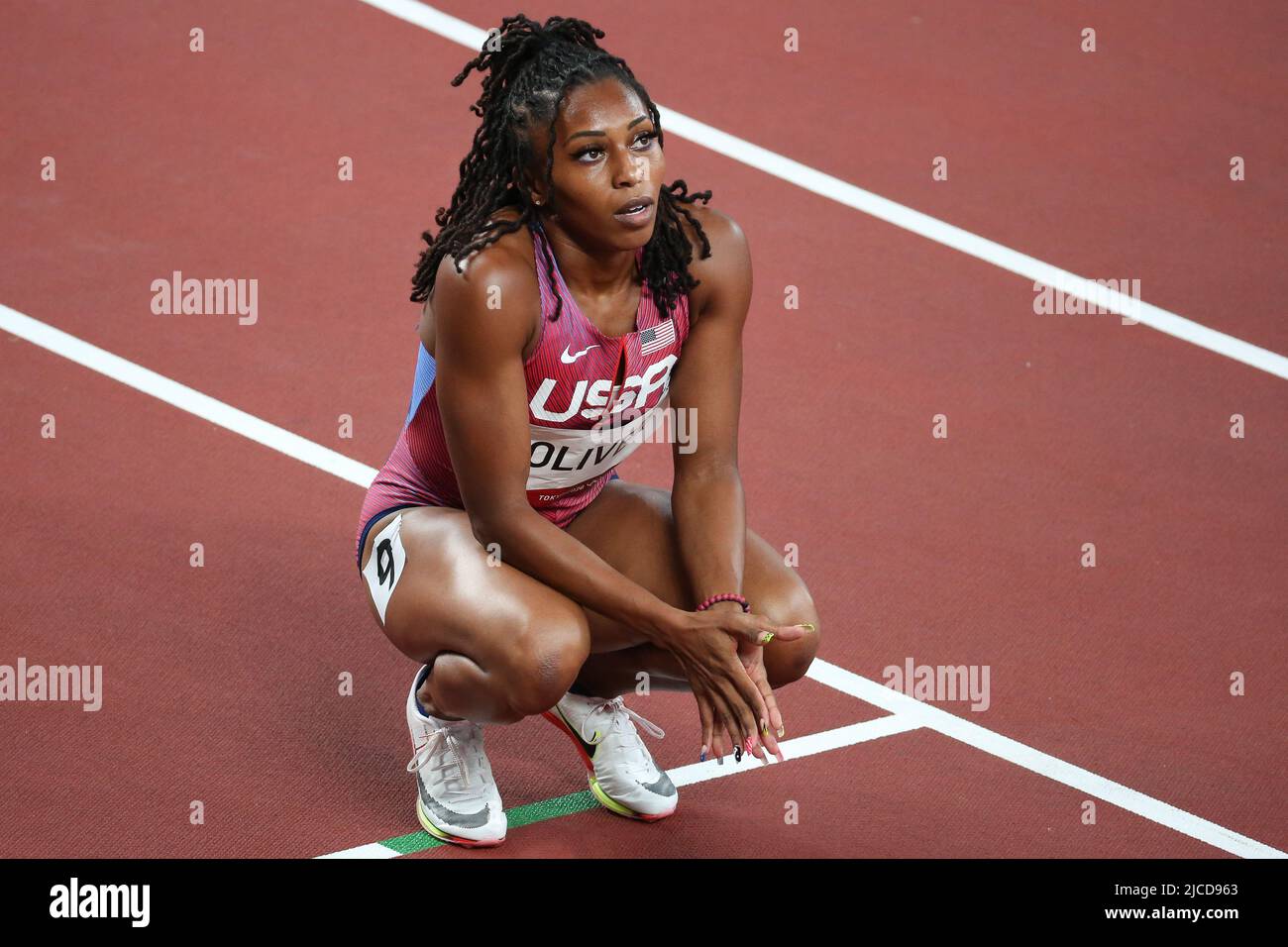 JULY 31st, 2021 - TOKYO, JAPAN: Javianne Oliver of the United States in action during the Women's 100m Semi-Finals at the Tokyo 2020 Olympic Games (Ph Stock Photo