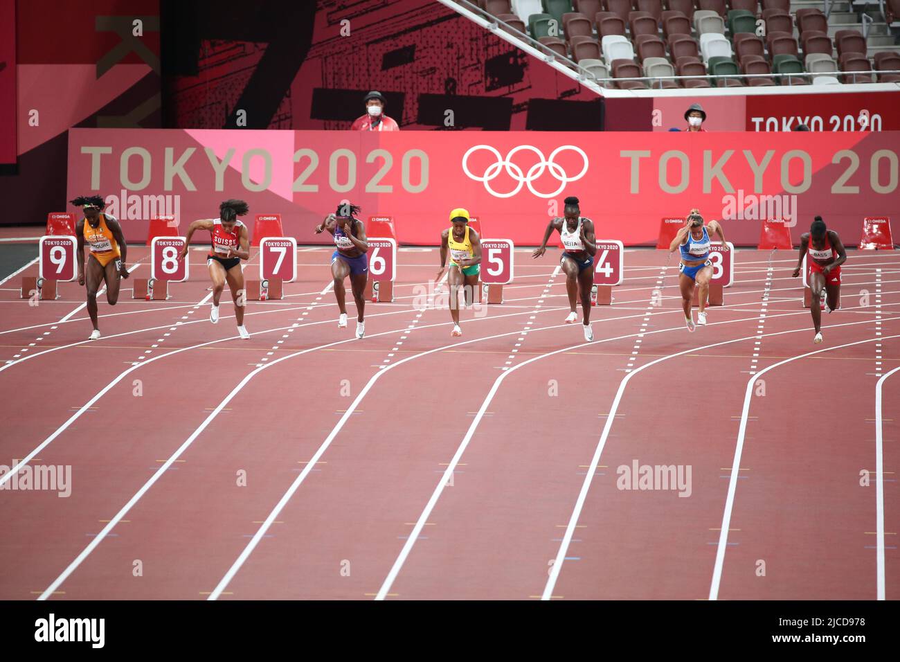 JULY 31st, 2021 - TOKYO, JAPAN: Shelly-Ann Fraser-Pryce of Jamaica in action during the Women's 100m Semi-Final 3 at the Tokyo 2020 Olympic Games (Pho Stock Photo